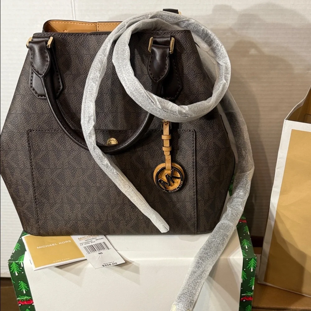 NWT Michael Kors Brown Logo Greenwich Large Grab Bag Tote Satchel MK Signature - Picture 4 of 14